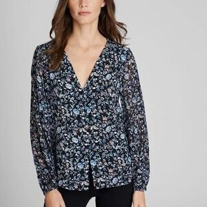 Club‎ Monaco Printed Silk Button Detail Blouse Blue Floral V-Neck size medium
